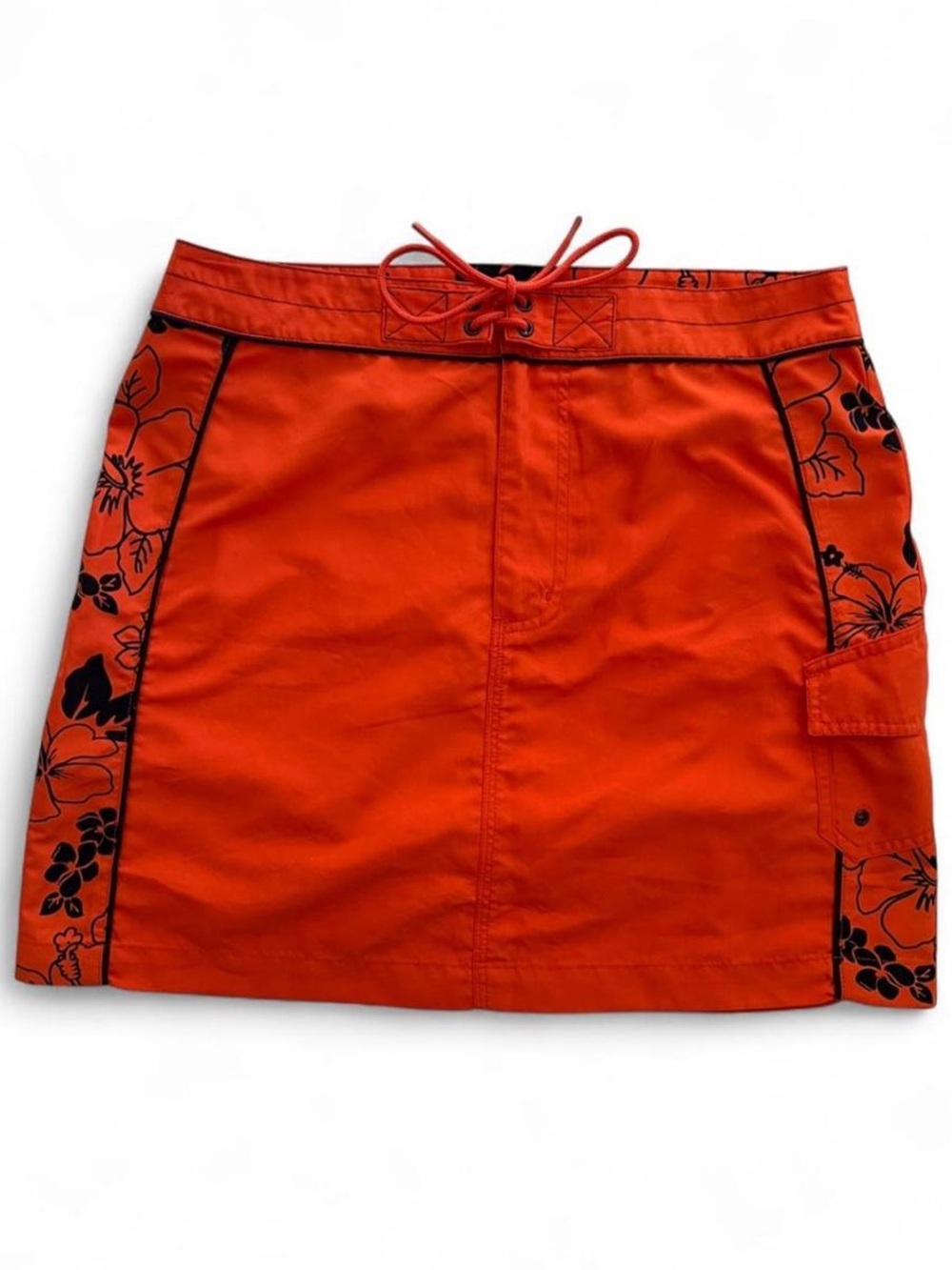 Vintage Y2K Board Skirt Orange Hibiscus Hawaiian Surf Lace Up Cargo Mini Sz S